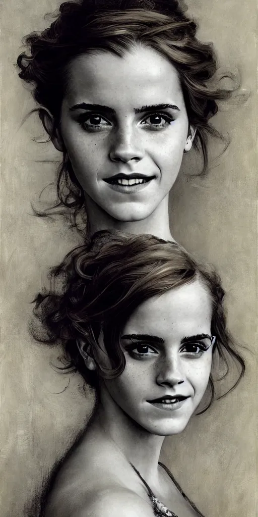 Image similar to emma watson smiling detailed portrait curly updo painting by gaston bussiere craig mullins j. c. leyendecker photograph by richard avedon peter lindbergh annie leibovitz