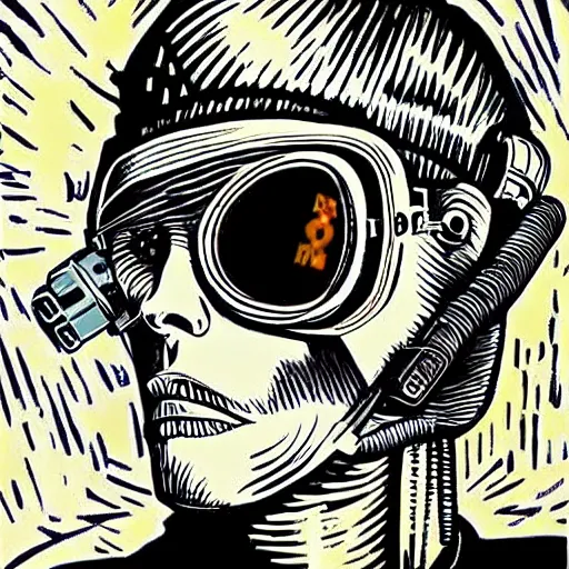 Prompt: Illustrated by Shepard Fairey and H.R. Giger | ((Cyberpunk Van Gogh with VR helmet, surrounded by cables))
