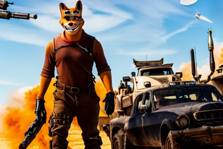 Image similar to nick wilde, heavily armed and armored facing down armageddon in a dark and gritty reboot from the makers of mad max : fury road