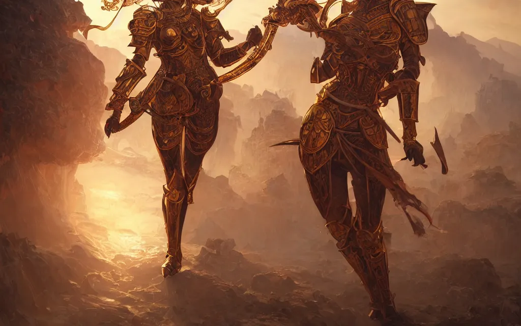 Image similar to knights of zodiac girl, golden and copper armor, armor knight fighting cinematic shot, in ruined agora of athens sunrise, ssci - fi and fantasy, intricate and very very beautiful and elegant, highly detailed, digital painting, artstation, concept art, smooth and sharp focus, illustration, art by tian zi and wlop and alphonse mucha