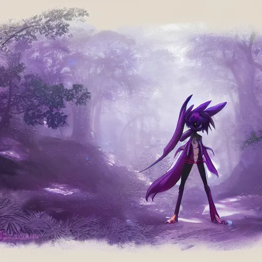Image similar to concept art painting of an anthropomorphic purple anime anthro dragon, in the deep forest, realistic, detailed, cel shaded, in the style of makoto shinkai and greg rutkowski and james gurney