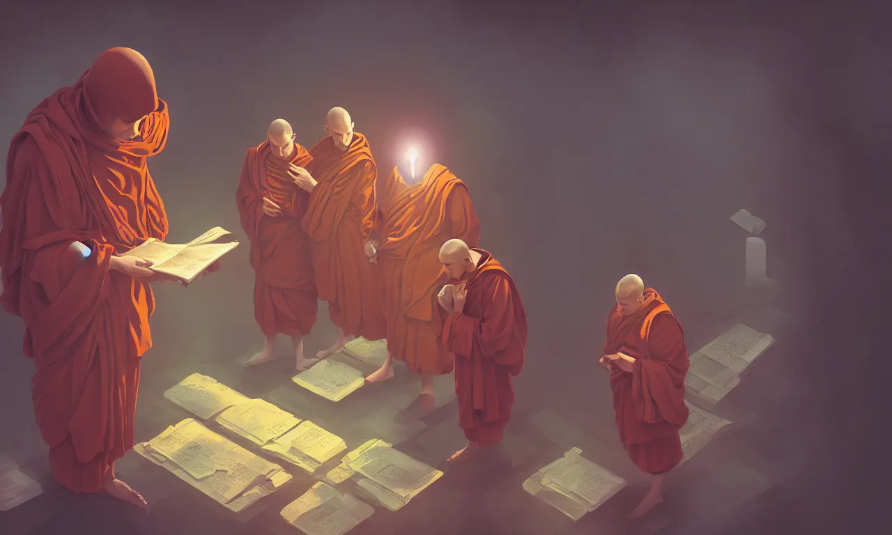 Image similar to monks in distrust, kerberos realm, service ticket close up, wizard reading a directory, nordic pastel colors, abandoned railroad, 3 d art, digital illustration, perfect lighting