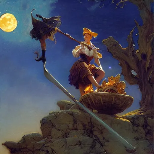 Prompt: witch flying using a broom, trough the night, fantasy, full moon in background. highly detailed painting by gaston bussiere, craig mullins, j. c. leyendecker 8 k