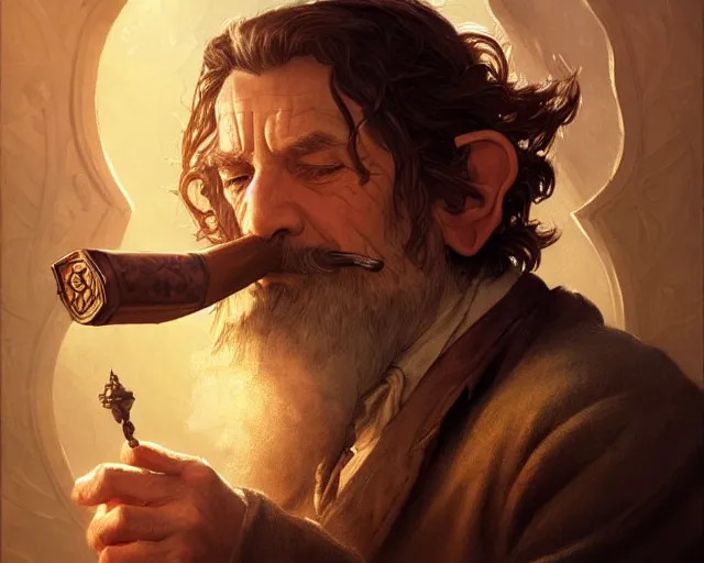 Image similar to old hobbit smoking a pipe, deep focus, d & d, fantasy, intricate, elegant, highly detailed, digital painting, artstation, concept art, matte, sharp focus, illustration, hearthstone, art by artgerm and greg rutkowski and alphonse mucha