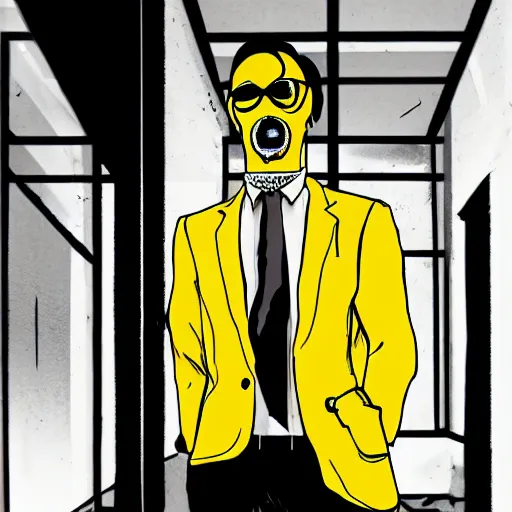 Prompt: yellow minion as the american psycho, sweating intensely, cinematic still