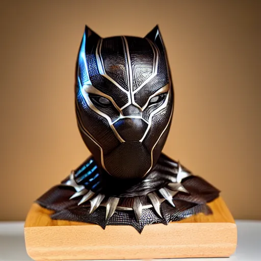 Image similar to a completely made of wood, real - world sculpture bust of the black panther marvel character, made of highly polished walnut wood, polished, cedar, polished tiger - wood. photograph, photographic, 3 5 mm