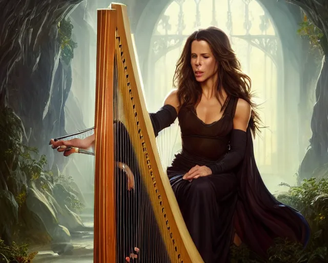 Prompt: photography of kate beckinsale with a harp singing 8 k, deep focus, d & d, fantasy, intricate, elegant, highly detailed, digital painting, artstation, concept art, matte, sharp focus, illustration, hearthstone, art by artgerm and greg rutkowski and alphonse mucha