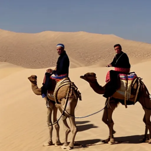 Image similar to matteo renzi crossing the desert on a camel with snoop dogg