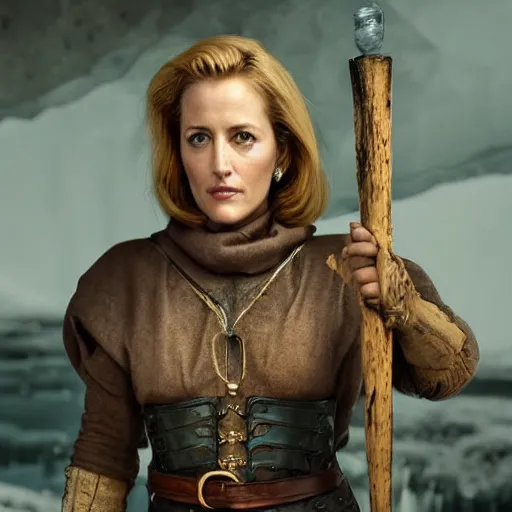 Prompt: Gillian Anderson wearing medieval tunic, holding a thick magical wooden staff with electrical bolts emitting from it. In a cave made of ice. Trending on Artstation, octane render, ultra detailed, art by Ross tran