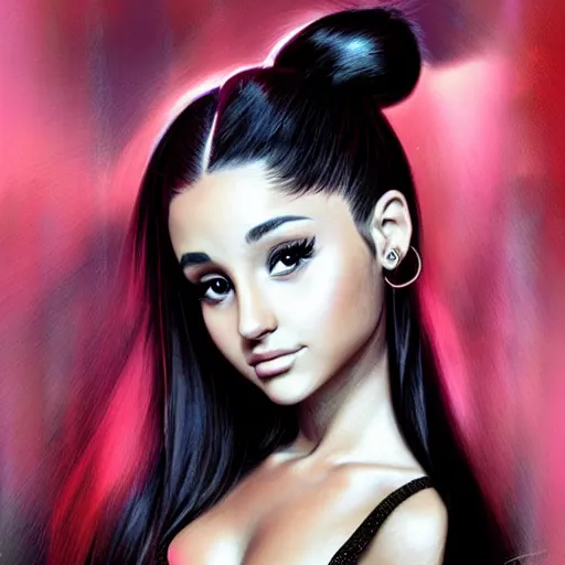 Image similar to A beautiful portrait of ariana grande, by artgerm and Dave McKean, extreme detail, facial details, sharp colors