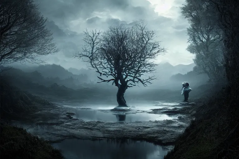 Image similar to an ultra realistic cinematic headshot portrait of an evil wizard, background of a vast serene landscape with trees and rivers, detailed, deep focus, movie still, dramatic lighting, ray tracing, by michal karcz and yoshitaka amano