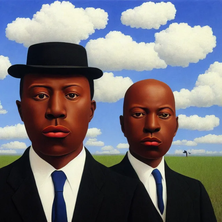 Prompt: portrait of a faceless black - head man in a suit, clouds in the background, by rene magritte, detailed painting, distance, centered, hd, hq, high resolution, high detail, 4 k, 8 k