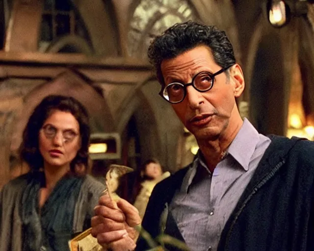 Prompt: jeff goldblum is a wizard in a scene from harry potter