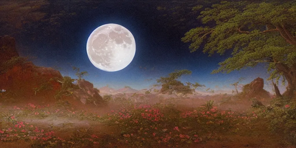 Prompt: a moon landscape with many craters, in a big crater at the center there is a beautiful garden, 8 k, lowbrow in the style of martin johnson heade and daniel merriam!