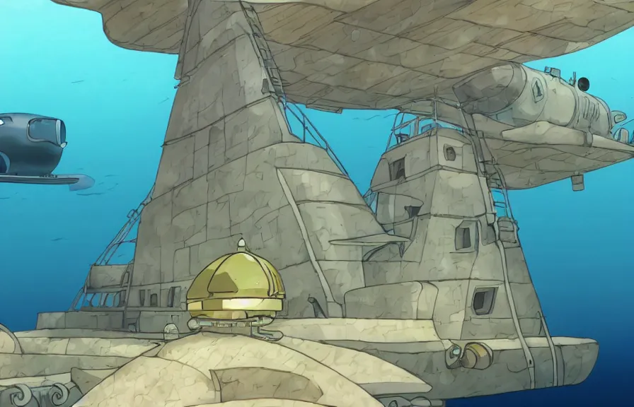 Image similar to a realistic studio ghibli cell shaded cartoon showing an underwater submarine. in the background is a white pyramid with a gold capstone underwater at the bottom of the sea. wide shot, very dull muted colors, hd, 4 k, hq