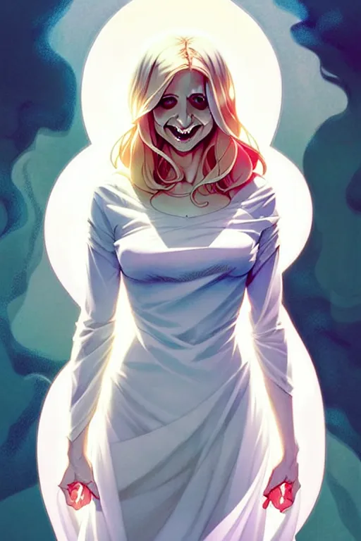 Image similar to artgerm, joshua middleton comic cover art, pretty ghost sarah michelle gellar entire full body, floating, creepy smile, white dress, friendly, translucent skin, symmetrical eyes, symmetrical face, middle shot, long white hair, inside haunted house