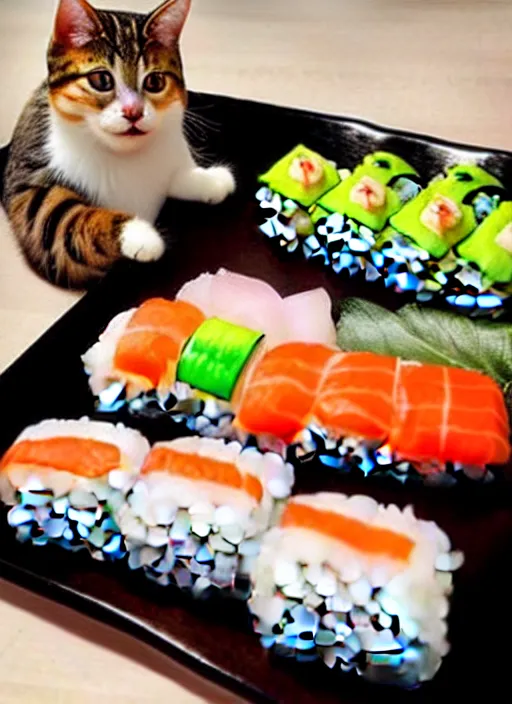 Image similar to clear photorealistic picture of adorable cats made out of sushi