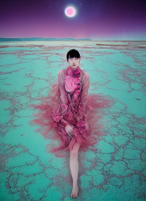 Image similar to lee jin - eun in luxurious flowery dress emerging from pink and turquoise water in salar de uyuni with the ground reflecting the aurora borealis by takato yamamoto, james jean, conrad roset, ruan jia, martine johanna, rule of thirds, elegant look, beautiful, chic, face anatomy, cute complexion