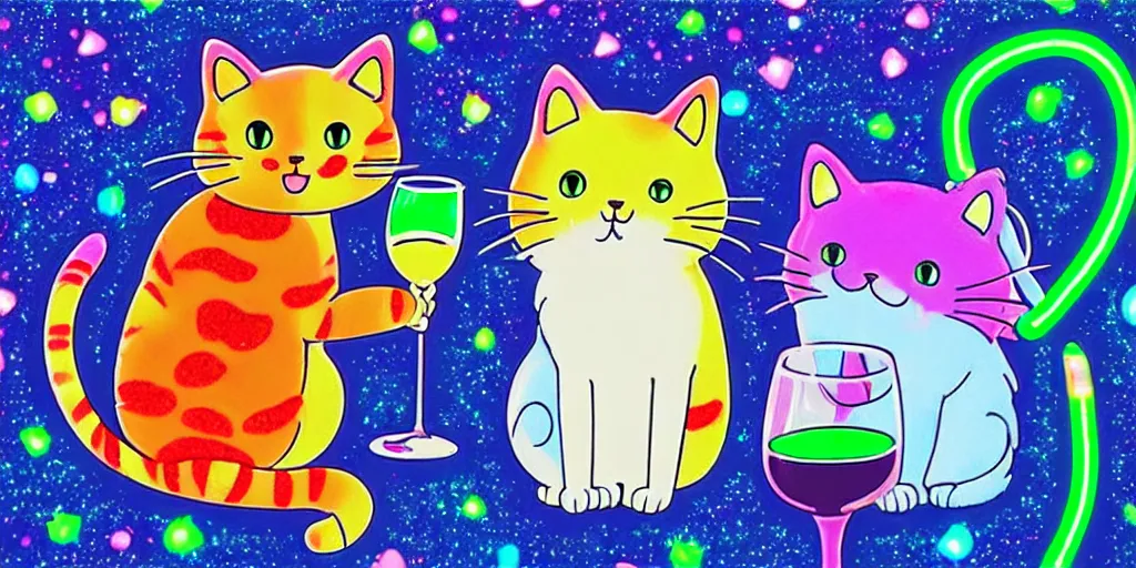 Image similar to a cat drinking red wine, puffy sticker, glitter sticker, kawaii by studio ghibli, by lisa frank 8 k pastel colours, neon colours, fluorescent colours,