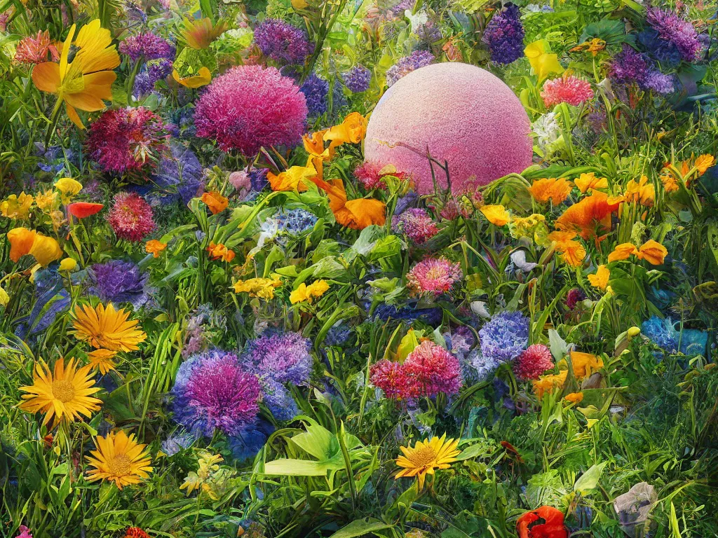 Prompt: sunlight study, the universe is a spheroid region 7 0 5 meters in diameter, art nouveau, kauai wildflower undergrowth, by jan davidz de heem and ( ( ( ( ( lisa frank ) ) ) ) ), 8 k, sharp focus, octane render