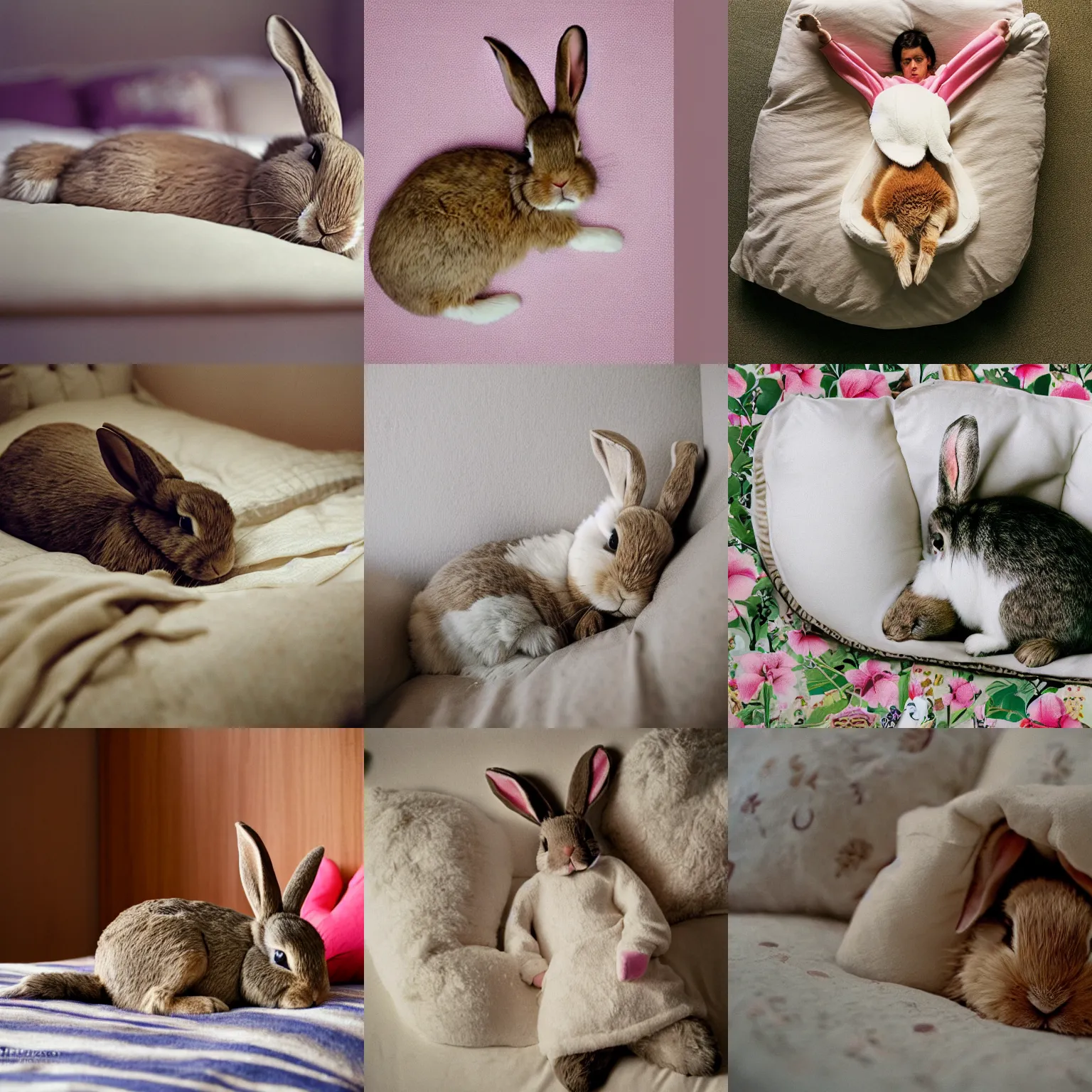 Prompt: photograph of a bunny sleeping on a big comfy bed by wes anderson