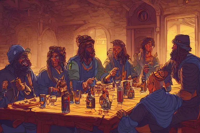 Prompt: warriors drinking at a table, irish, detailed faces, digital art, beautiful lighting, happy atmosphere, trending on artstation, by Dan Mumford