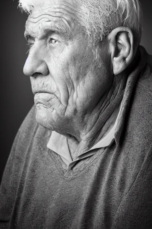 Image similar to portrait of a heavy old man with shaved face and white hair. he has a sad look in his eyes. studio lighting
