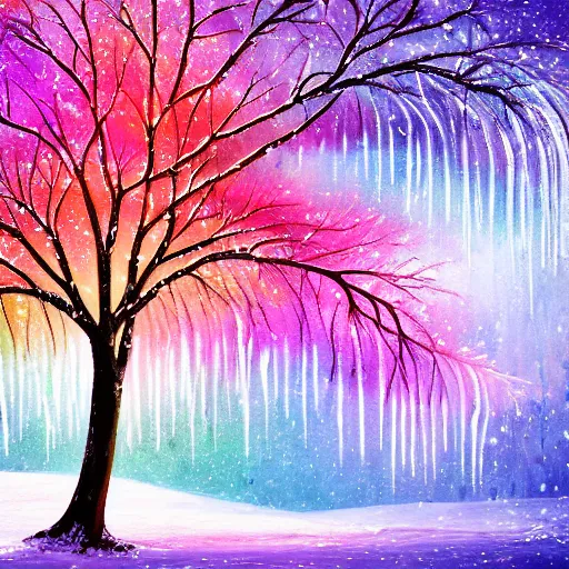 Prompt: colorful winter fantasy tree with icicles dripping from branches magical realism painting 4k