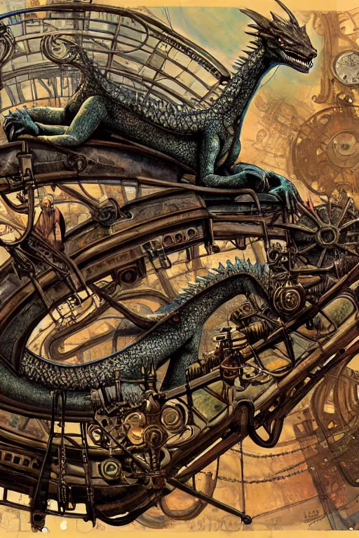 Image similar to hyper realistic old dying dragon lying down on a steam punk apparatus, art by jon foster