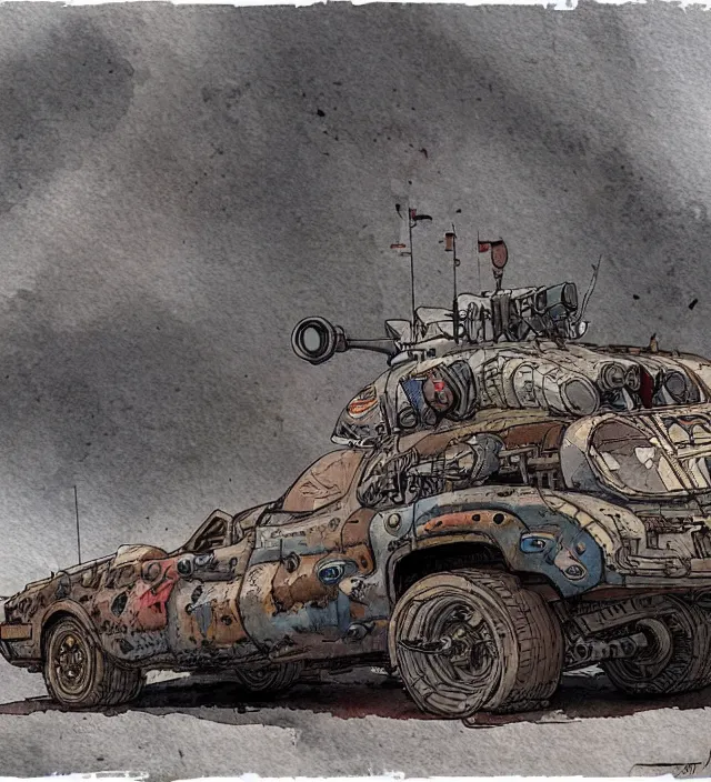 Image similar to a 3 / 4 view watercolor ink painting of a post - apocalyptic mad max / fallout style tank in the style of jean giraud in the style of moebius trending on artstation deviantart pinterest detailed realistic hd 8 k high resolution