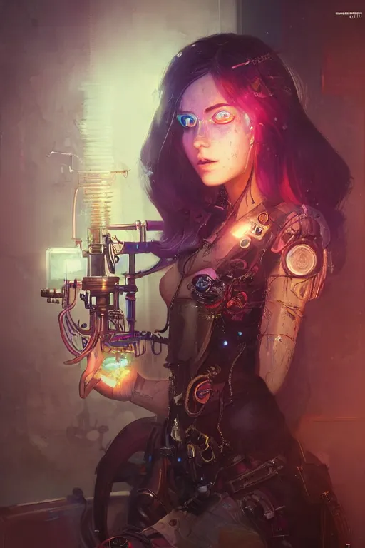 Image similar to portrait of a psychedelic steampunk girl with biotechnical parts and neon light by Artgerm and Greg Rutkowski , digital painting, highly detailed, trending on artstation