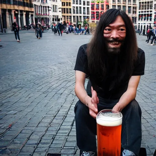 Image similar to very long haired Asian man with some facial hair skating and drinking a Jupiler beer in Brussels