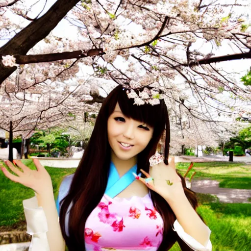 Prompt: Face of a Pretty japanese gyaru with Sakura tree blooming on background