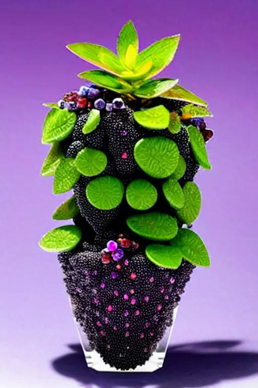 Image similar to crystals shaped like exotic berry shrubbery, potted plant made of gemstones