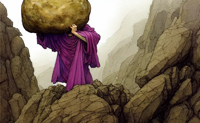 Prompt: a hyperrealist watercolour concept art of a monk holding a huge rock over his head. it is a misty night on the moors of ireland. by rebecca guay, michael kaluta, charles vess and jean moebius giraud