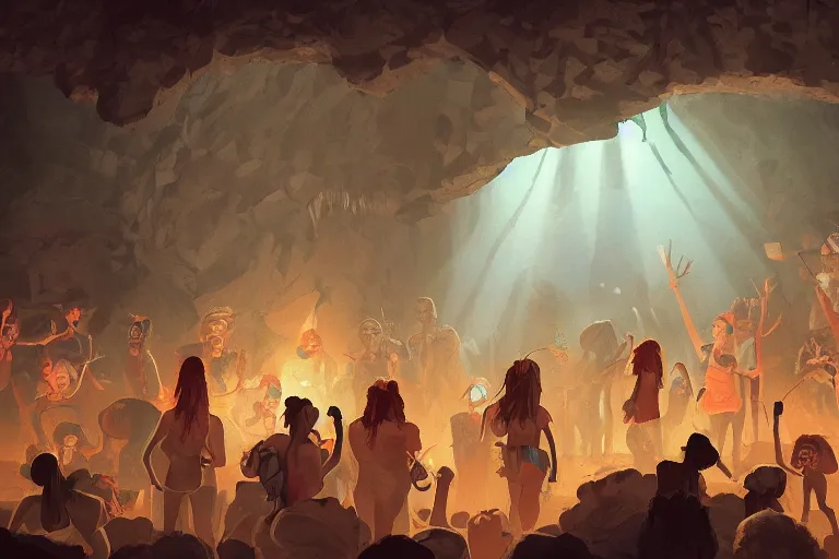 Image similar to Stone Age rave in a cave, digital art, artstation