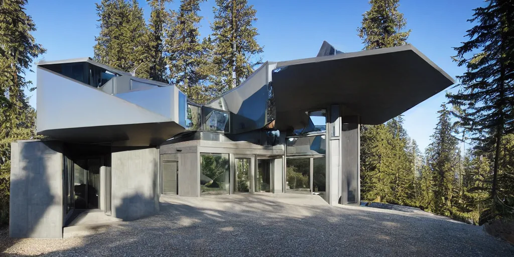 Prompt: large futuristic residence, pacific northwest, gray concrete, large windows, angular features, incorporating metal