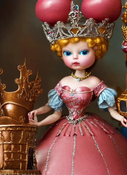 Prompt: highly detailed closeup, portrait of a tin toy fairytale princess wearing a crown and sitting on a throne eating cakes, unreal engine, nicoletta ceccoli, mark ryden, earl norem, lostfish, global illumination, detailed and intricate environment