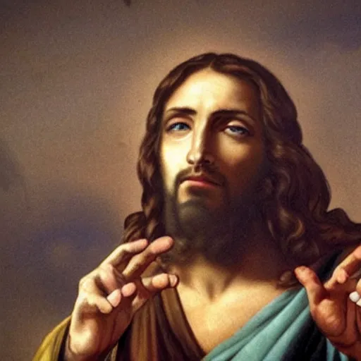 Prompt: jesus as a gangsta, making a v with his hand