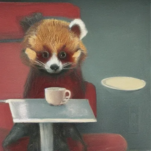 Image similar to anthropomorphic red panda drinking coffee in a cafe, character art, painting, trending on artstation