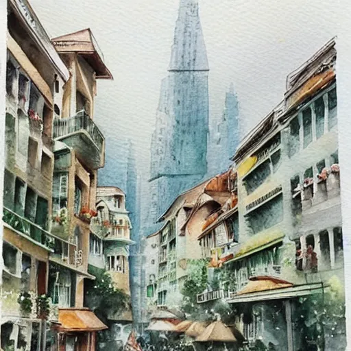Image similar to Beautiful picturesque charming futuristic city in harmony with nature. Nice colour scheme, soft warm colour. Beautiful detailed watercolor by Lurid. (2022)