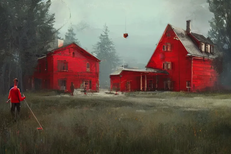 Prompt: a man in red playing the violin next to a yellow lightinghouse, the sun is shining and the ocean is blue, Painting, Fine Art, Unreal Engine, Ismail Inceoglu, Ivan Shishkin