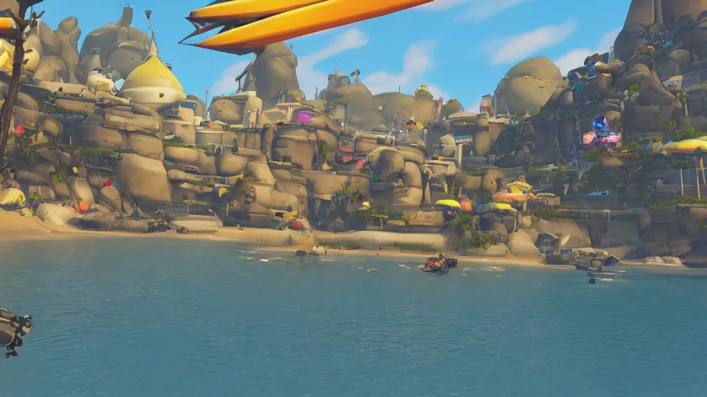 Image similar to Screenshot from Overwatch, at the beach