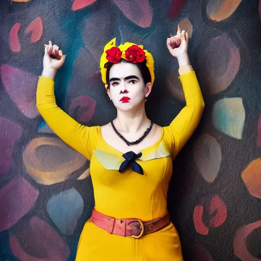 Prompt: pikachu cosplay as frida kahlo, full body portrait photography, in the style of Parisian cafe wall art, subtle subdued colors, rainy day