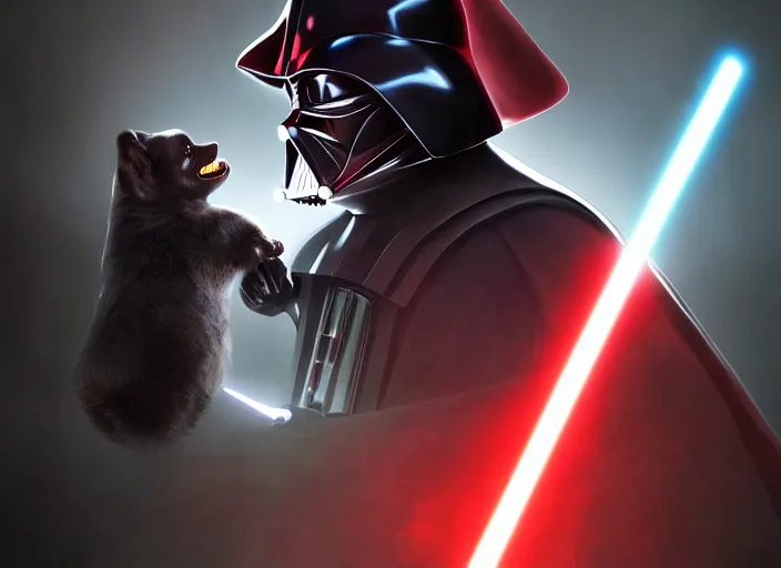 Image similar to a Photorealistic dramatic hyperrealistic render of darth vader with lightsaber drawn facing off against a calm cute corgi in battle, futuristic star wars vibe, by WLOP and Artgerm and Greg Rutkowski and Alphonse Mucha, Beautiful dynamic dramatic dark moody lighting, shadows, cinematic atmosphere, Artstation, concept design art, Octane render, 8K, masterpiece, sharp focus