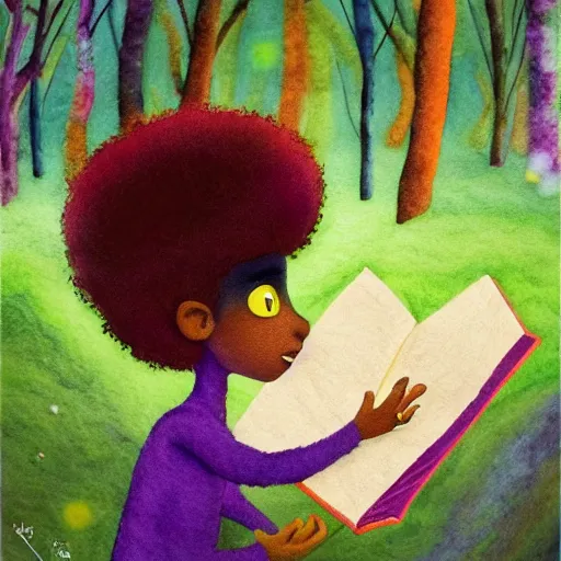 Prompt: a black girl with a colorful afro and big colorful eyes reading a book in the forest, bright colours, bokeh!!, watercolor, volumetric wool felting, macro photography, children illustration, by goro fujita