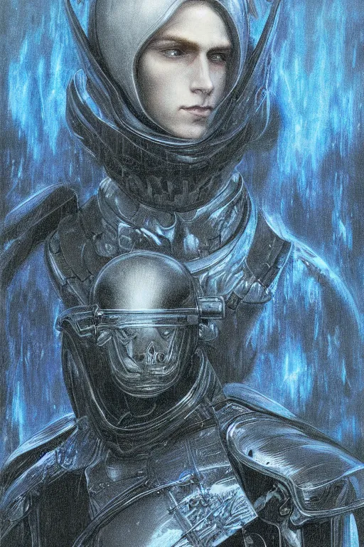 Image similar to portrait of beautiful gothic and futuristic young man, more thunderstorm, cyber armor, a lot of scars,, blue head, the middle ages, highly detailed, artstation, illustration, art by jean delville, 8 k quality, art by greg gandy