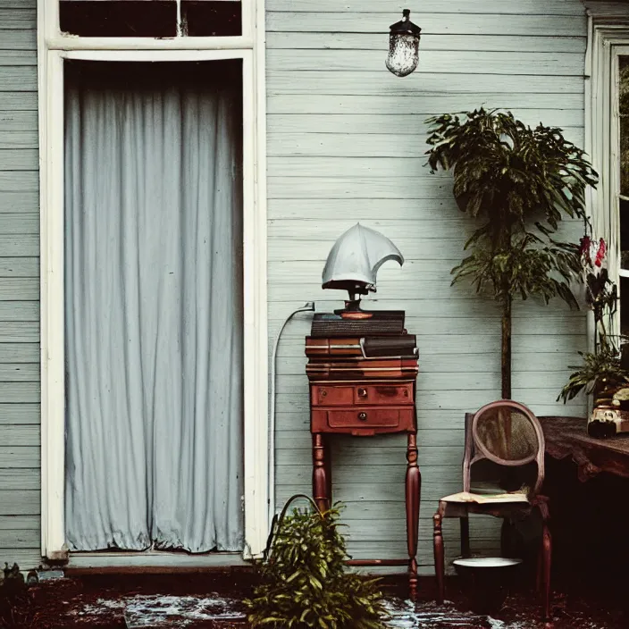 Image similar to kodak portra 4 0 0, wetplate, fisheye, award - winning portrait by britt marling, 1 9 2 0 s victorian porch, outside, ghost, picture frames, shining lamps, dust, smoke, 1 9 2 0 s furniture, wallpaper, carpet, books, muted colours, wood, fog, plants, flowers