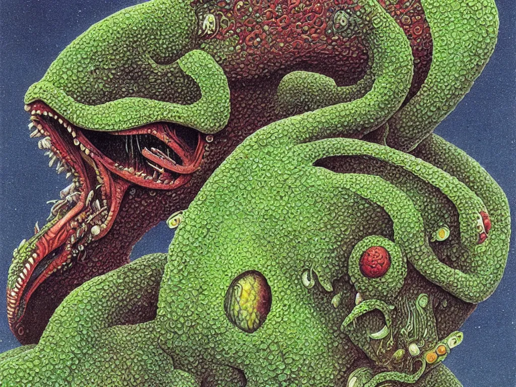 Prompt: close up view of a creature from codex seraphinianus. painting by roger dean