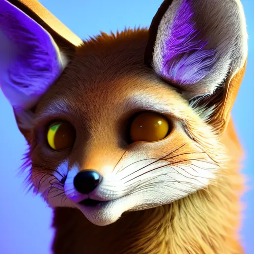 Image similar to a highly detailed portrait of a humanoid light brown fennec fox, with a white muzzle, bright orange eyes, in a purple cloak, artstation, DeviantArt, professional, octane render